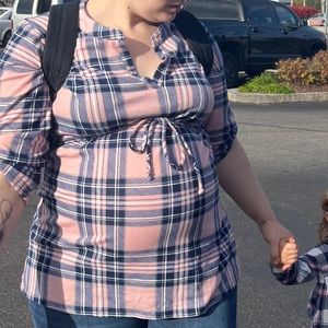 Maternity blouse. Pink and blue plaid with ribbon that ties around.